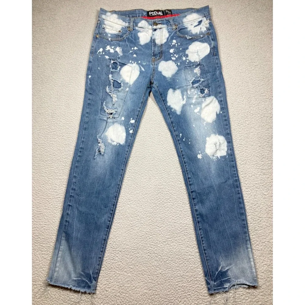 Preme Jeans Men's 36x33 Blue Distressed Bleached Straight Raw Hem Y2K Denim